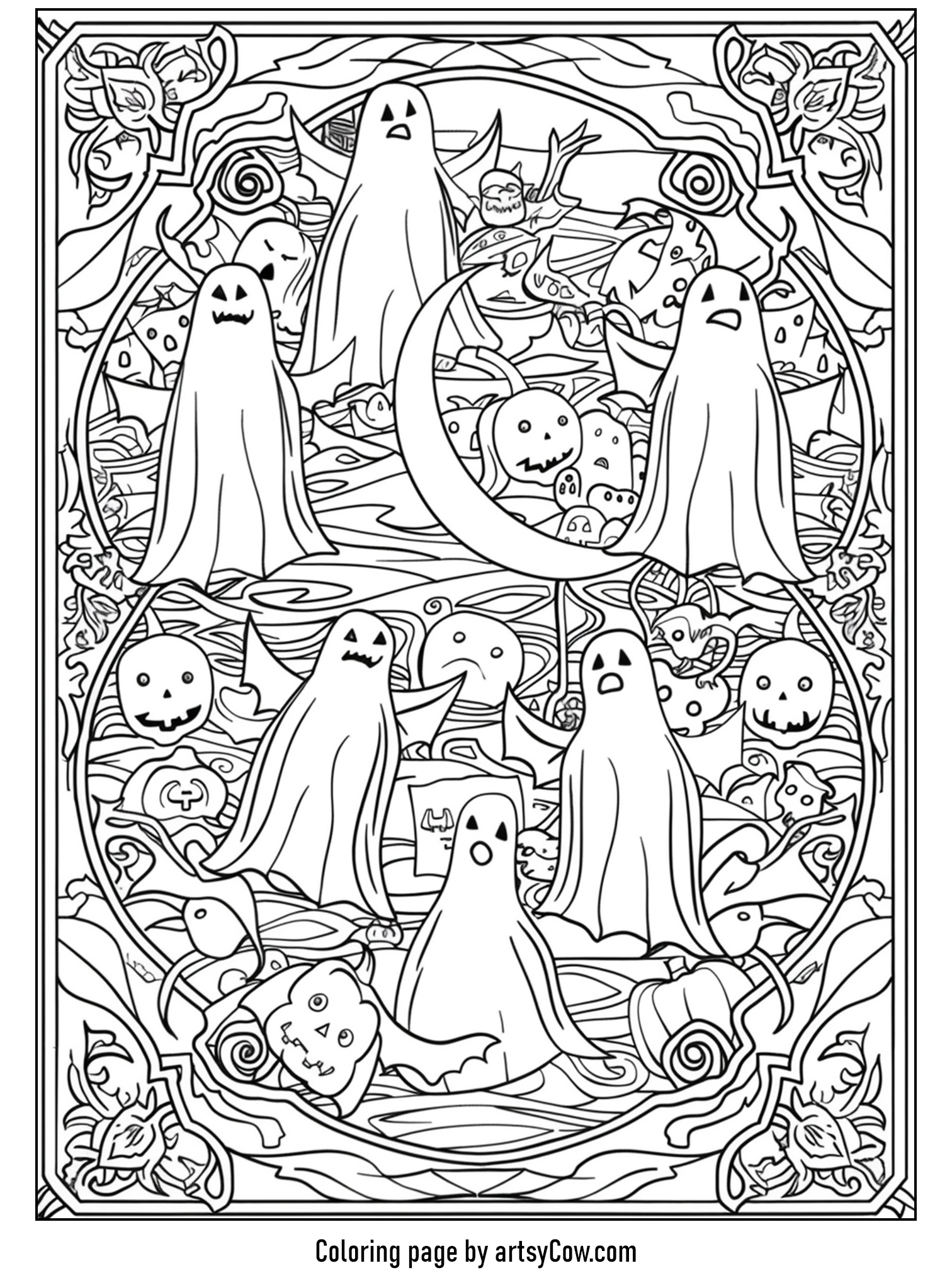 halloween ghost mandala, depicting multiple cheerful ghosts in various playful poses surrounded by intricate patterns and Halloween-themed decorations like pumpkins and candies.